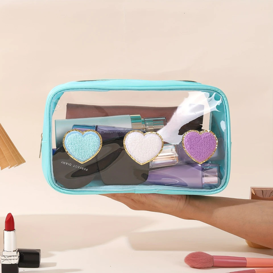 Ship from US 1pcs Clear Chenille Letter Patch Bag Preppy Makeup Bags Cosmetic Zipper Pouch Transparent Waterproof PVC Nylon Portable Travel M 250227FB