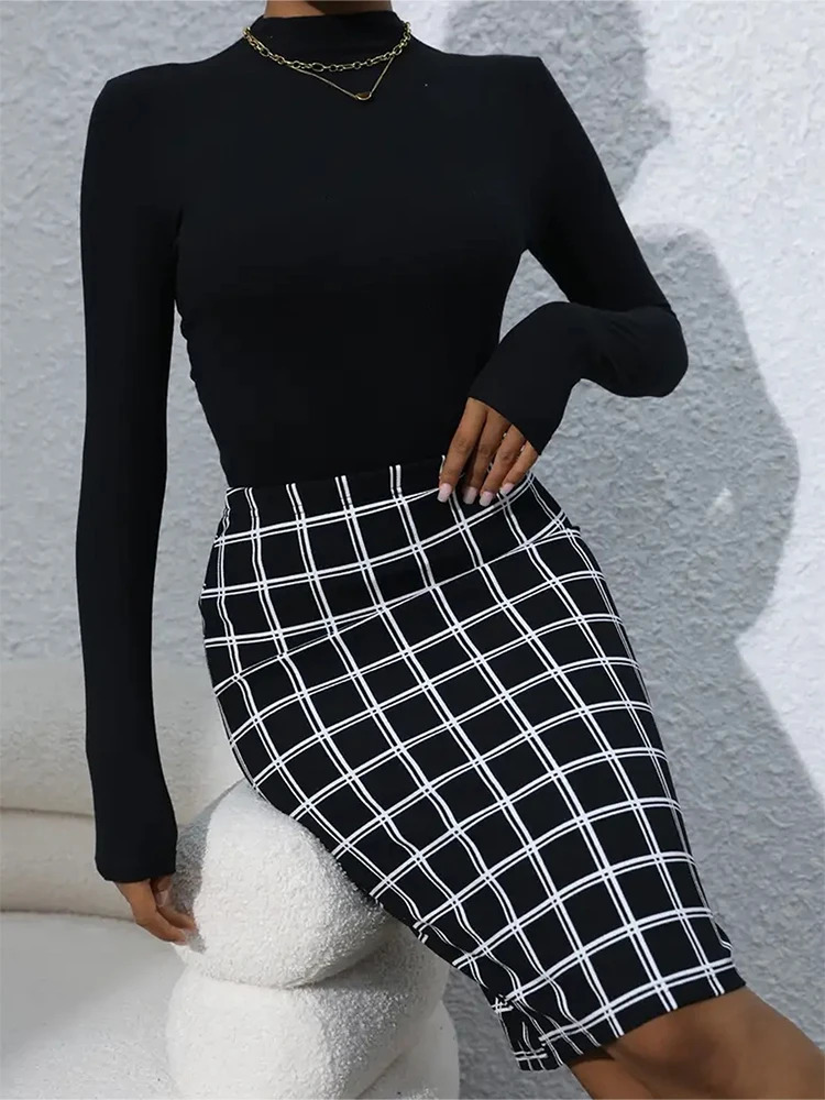 Plus Size Checkered Slim Skirt Casual High Waist Mid-Length Skirt Women Spring Summer 250226