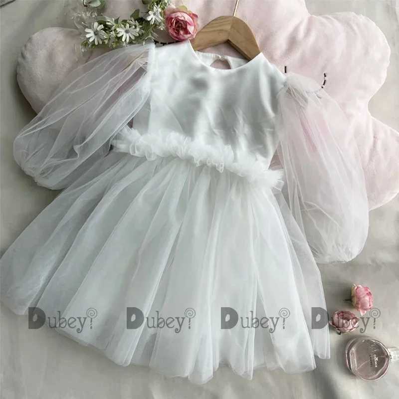 Girl's Dresses New Born Baby Girls Birthday Dress for Toddlers White Puff Sleeve Wedding Gown Baptism Ceremony Vestido for 1Y Clothing Kids Y2502