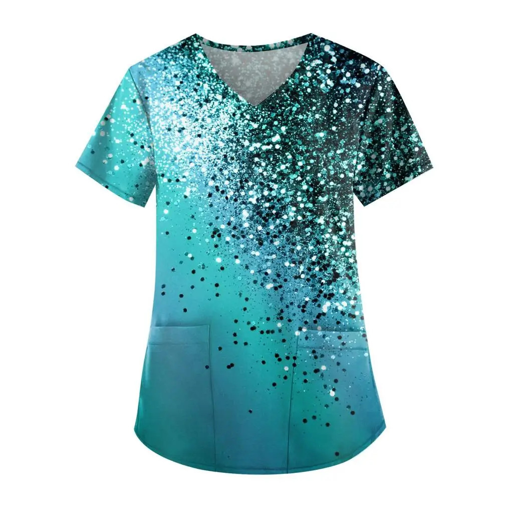 Casual Nurse Uniform Print Women Short Sleeve Tops Vneck Blouse Shirt Pocket Beauty Care Scrub Uniforms Womens 250226