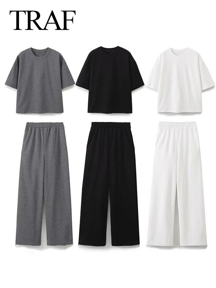 TRAF Womens Solid Casual T Shirts Pant Set Short Sleeves ONeck TShirt TopLaceup Loose Side Pockets Straight 250226
