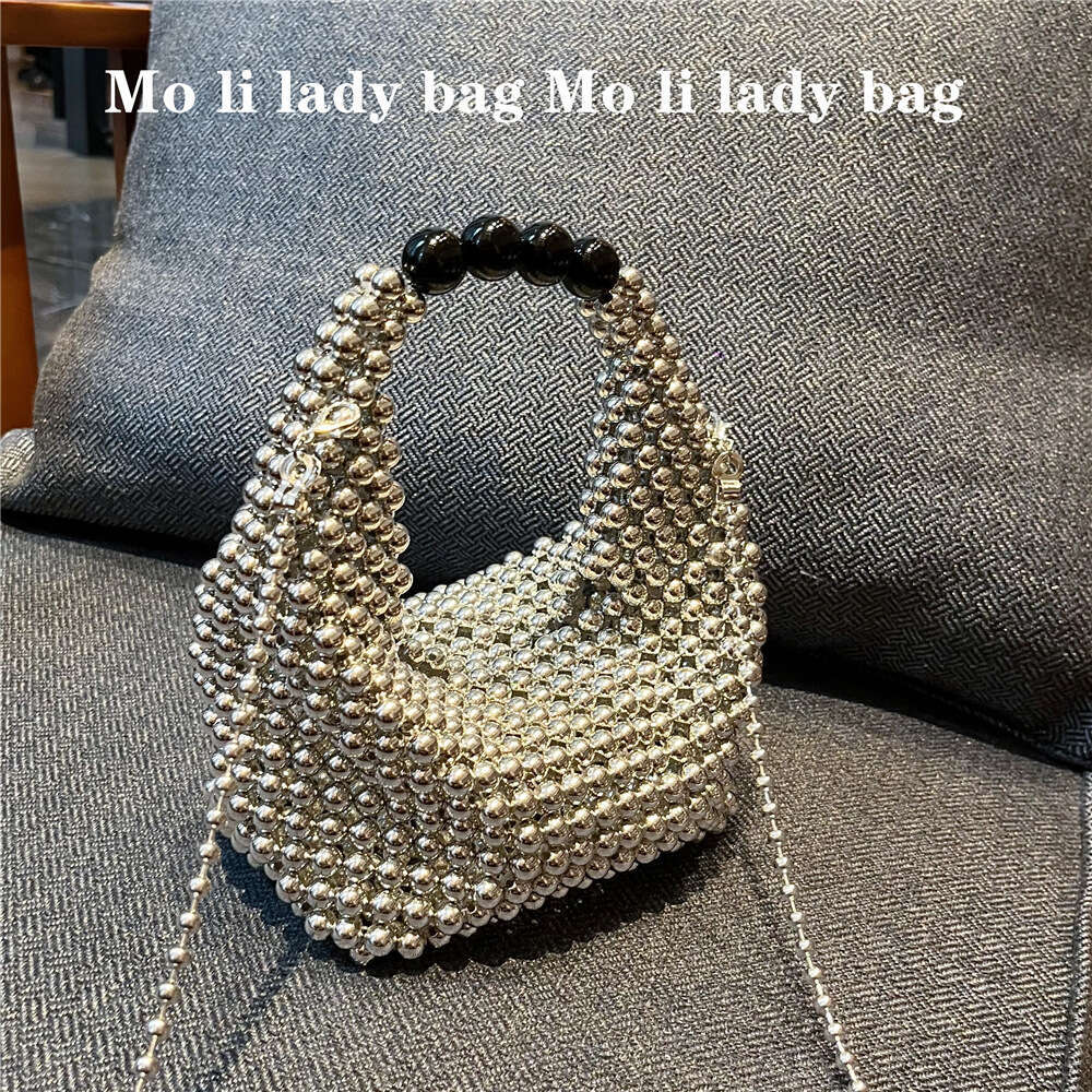Women's Bags fashionable and high-end silver sparkling bead hand woven Boston handbag diagonal cross bag