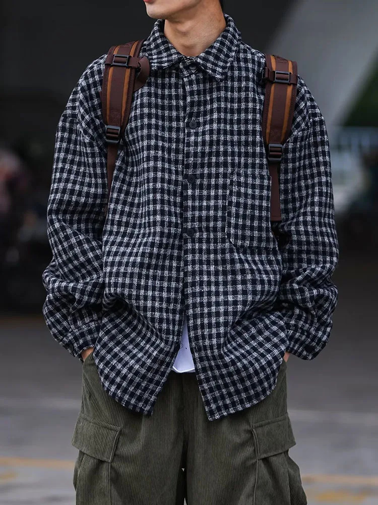 Spring Casual Shirt Men Vintage Check Baggy Long Sleeves Preppy Rollneck Cargo Tops Japanese INS Oversize Jacket Unisex 250226