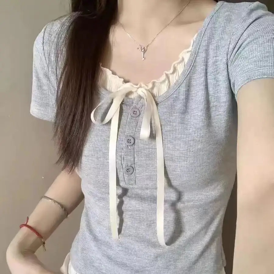 Lace Two Gray Women TShirts Summer Korean Fashion Slim ShortSleeved American Spice Girl Retro Sweet Short Tops 250226