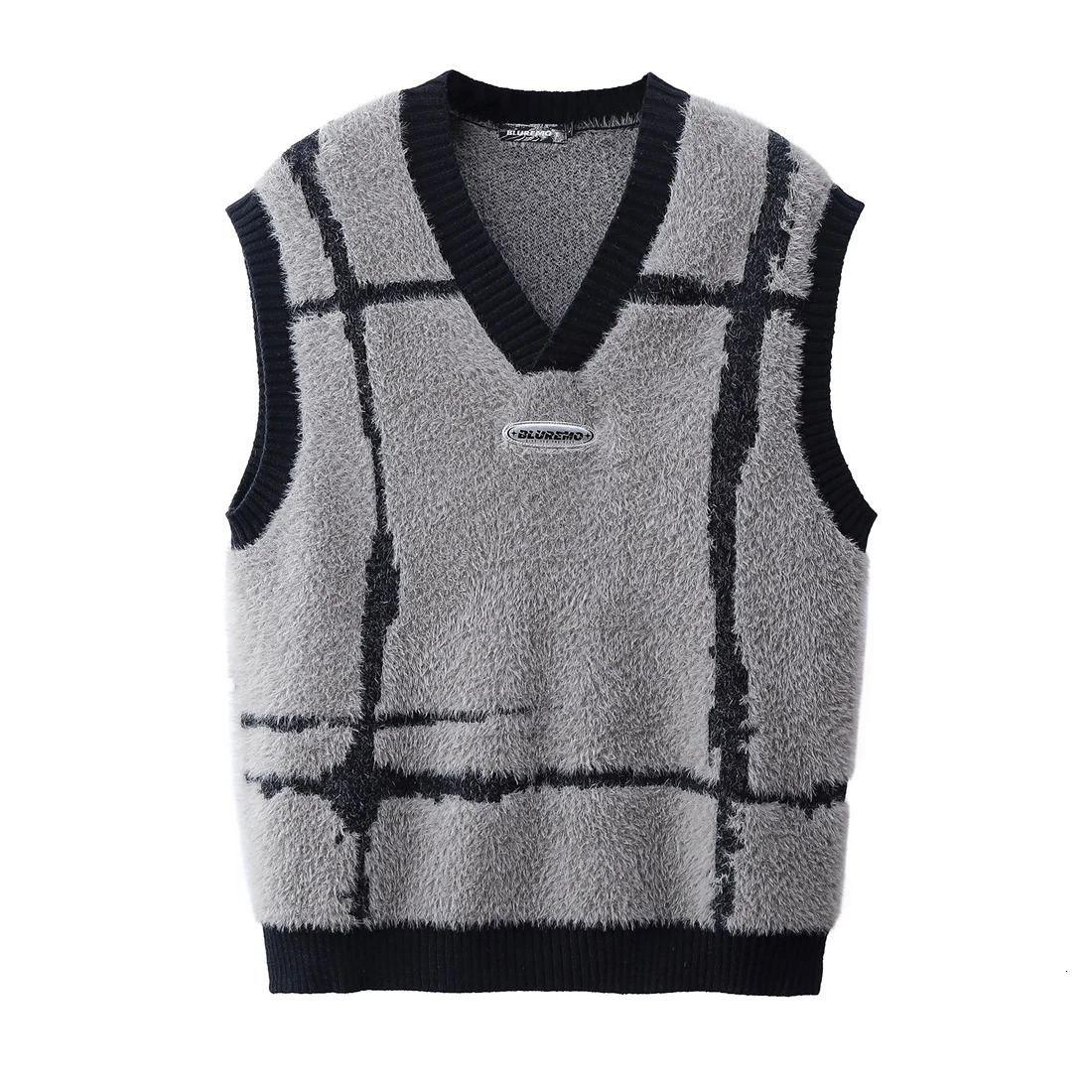 Harajuku Street Trend Stripe Splicing Vneck Knitted Sweater Couple Style Jacquard Checkered Sleeveless 250225