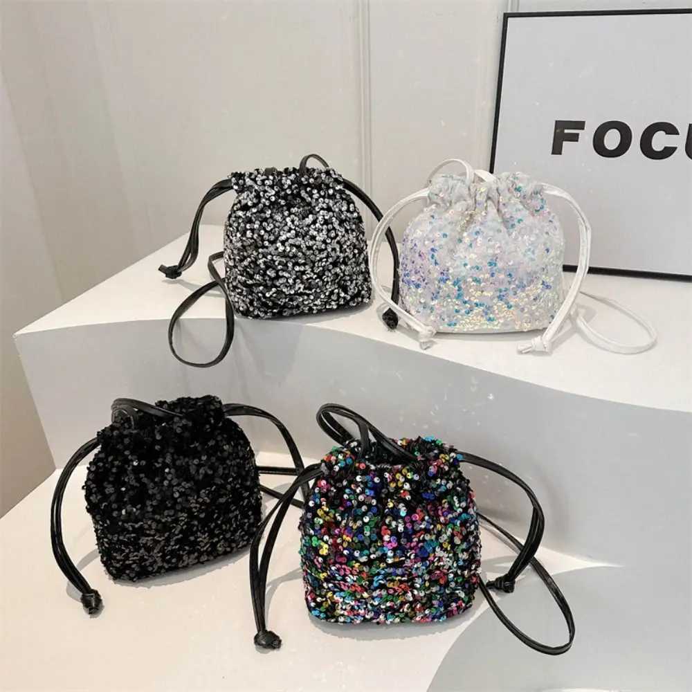 New Japanese Women Sequin Shoulder Bag for Girls Shiny Drstring Crossbody Bag Women Underarm Mini Bucket Bag Phe PurseXJ250227