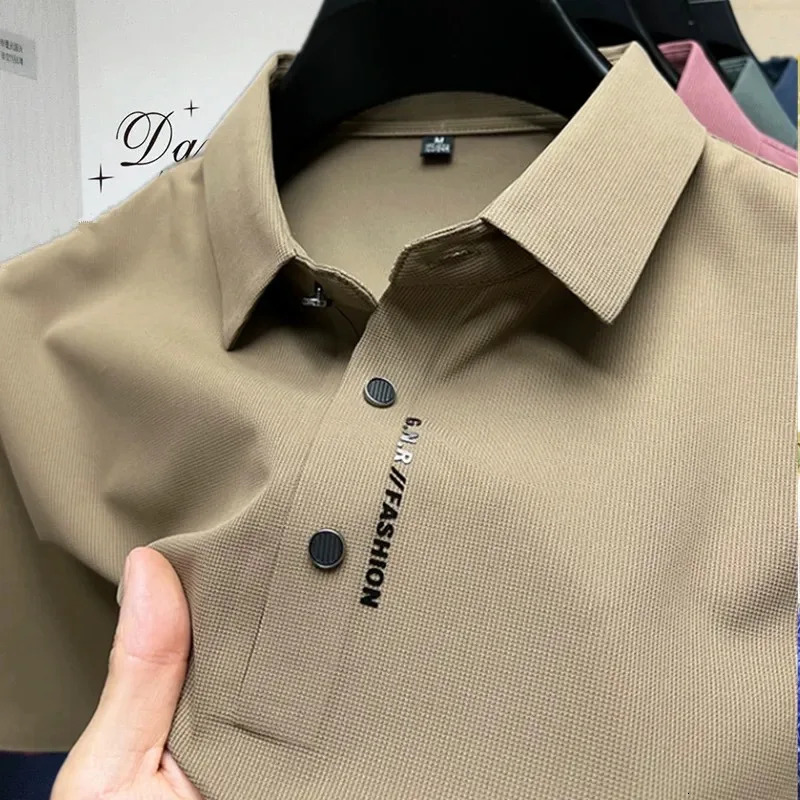 High end ice silk short sleeve polo shirt mens summer fashionable printed casual T-shirt comfortable cool golf top 250225