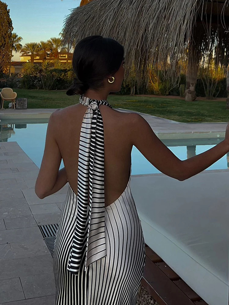 Elegant Womens Dresses Striped Sexy Slim Fit Backless Dress Skinny Lace up Sleeveless Dress Summer Lady Chic Evening Party Dress 250225