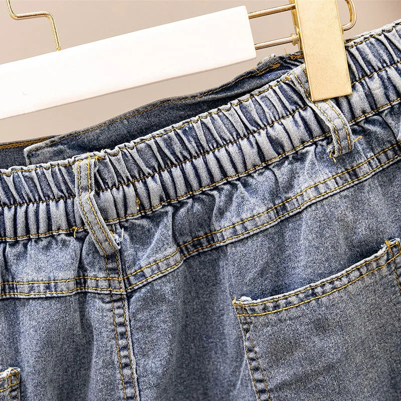 150Kg Plus Size Womens Summer High Waist Slim Loose Mid Length Lace A-line Denim Skirt Blue Hip 145cm 6XL 7XL 8XL 9XL 250224