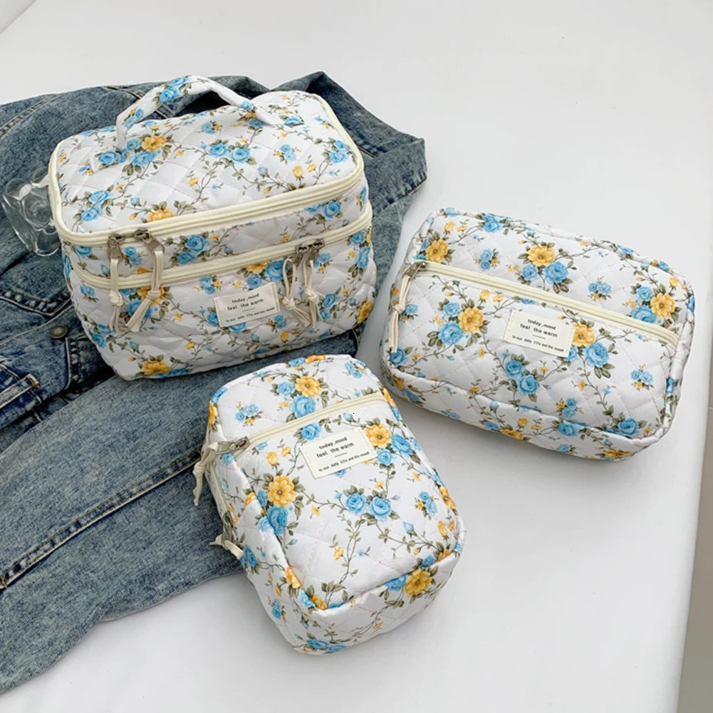 Ship from US Quilted Makeup Bag Floral Cosmetic Aesthetic Organizer Large Capacity Clutch Purse Storage 250227FBB