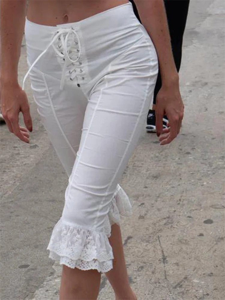 CHRONSTYLE Women Capris Pants Lace Ruffles Front Criss-Cross Tie-Up Summer Casual Cropped Pants Stretch Crop Leggings Streetwear 250226