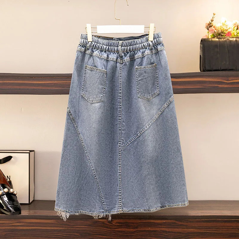 150Kg Plus Size Womens Summer High Waist Slim Loose Mid Length Lace A-line Denim Skirt Blue Hip 145cm 6XL 7XL 8XL 9XL 250224