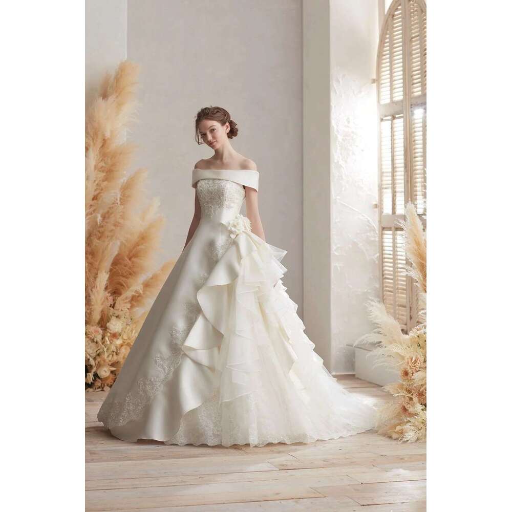 Custom Satin Ball Gown for Bridal, Dear Applique, Pleated Side, Tulle, Sweep Train, Backless Zipper, Wedding Dresses