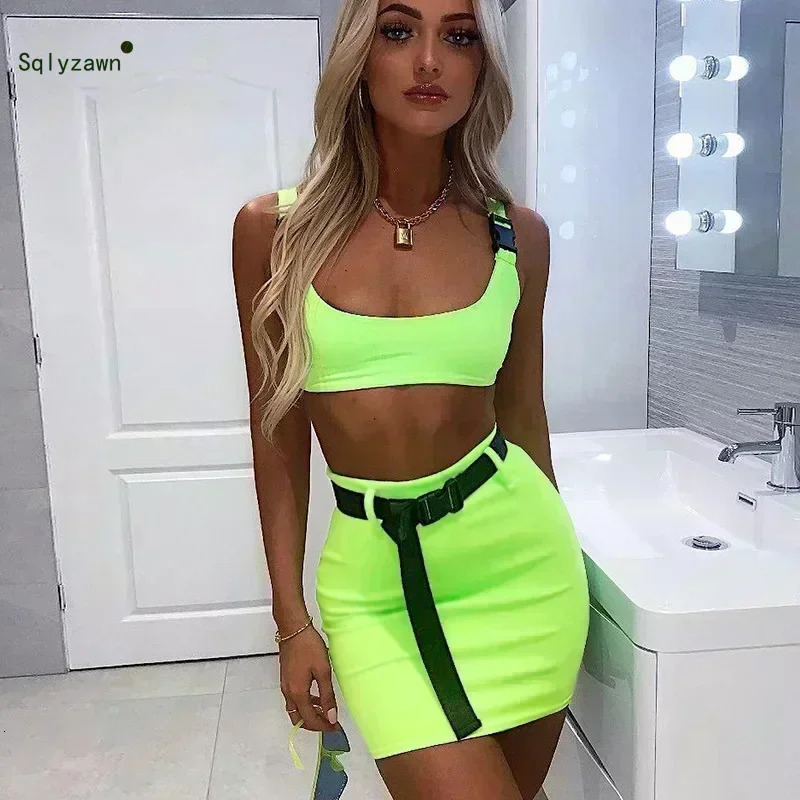 Women Sexy Fluorescent 2 Piece Skirt Set Streetwear Tank Crop Top Bandage Buckle Bodycon Mini Skirt Neon Blue Pink Outfits 250226