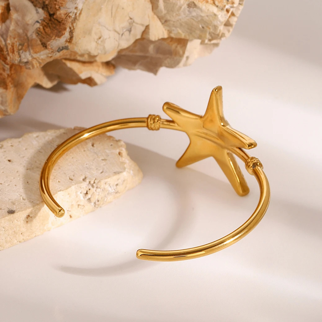 Youthway Gold Plated Stainless Steel Starfish Thread Hammer Pattern Open Bracelet Bangle For Women Bohemia Trendy Jewelry Gift 250227