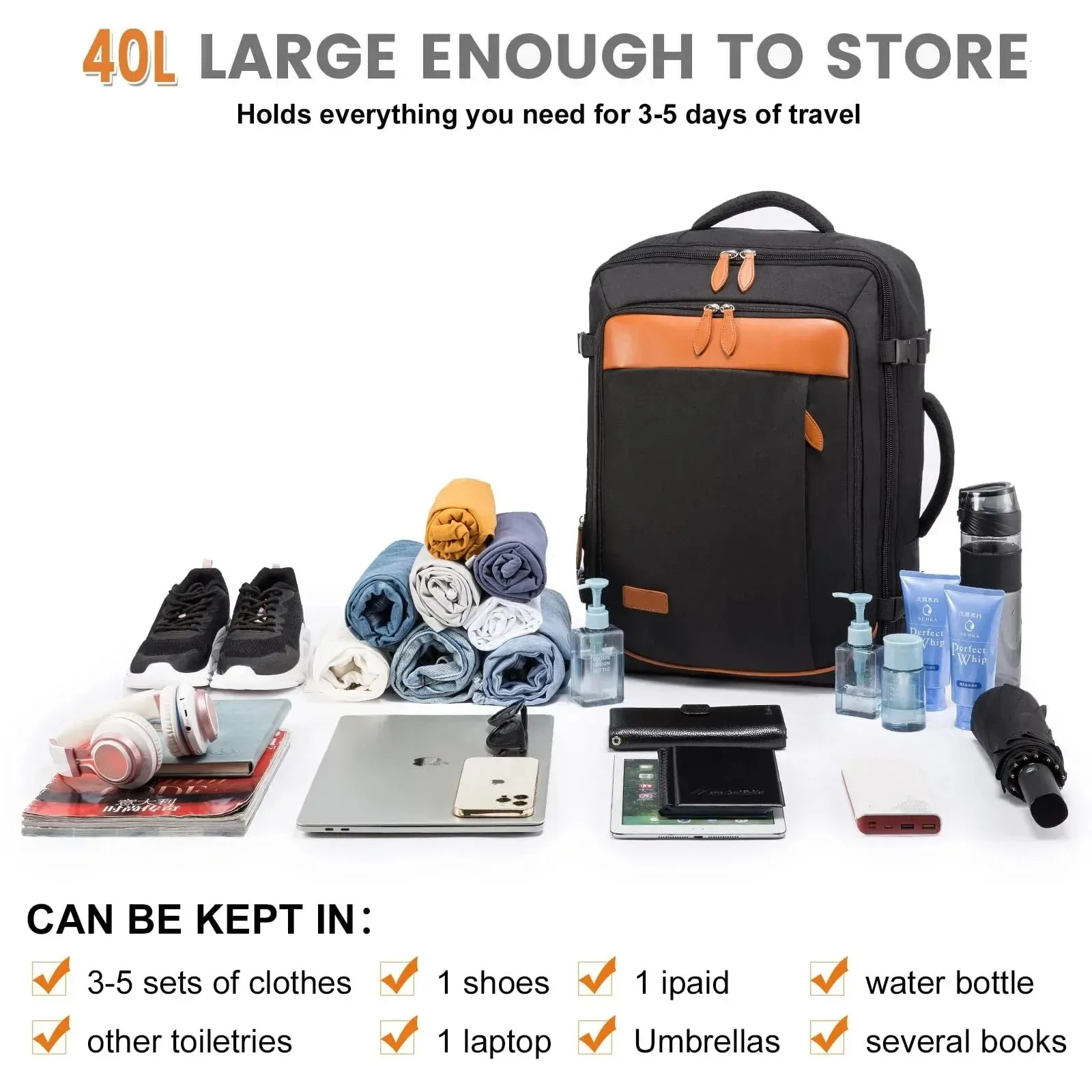 Ship from US 40L Large Capacity Travel Backpack 5piece Set Expandable Luggage Multifunctional Waterproof Bag 250304FBB