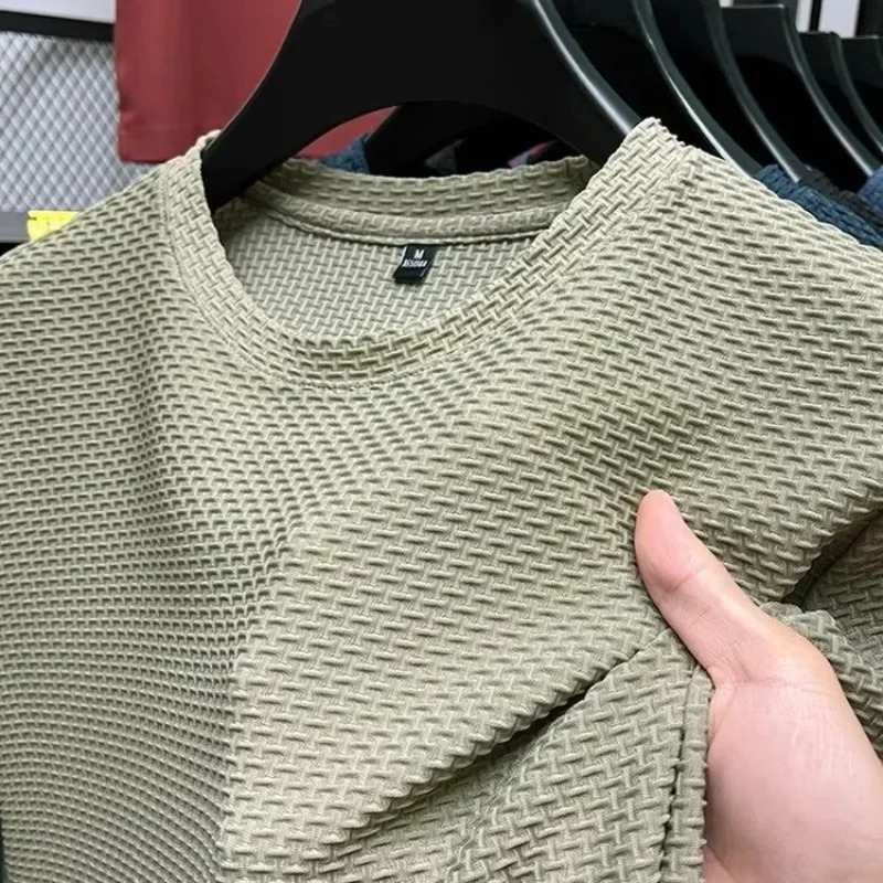 Mens Short Sleeve Mesh Bamboo Ice Silk T-shirt Casual Versatile Summer Elastic Slimming Top for Men 250226