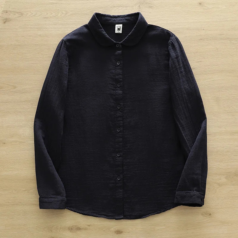 Autumn Double-layer Cotton Yarn Solid Shirt Women Japan Style Loose Long Sleeve Top Office Lady Work Wear Tops 250226