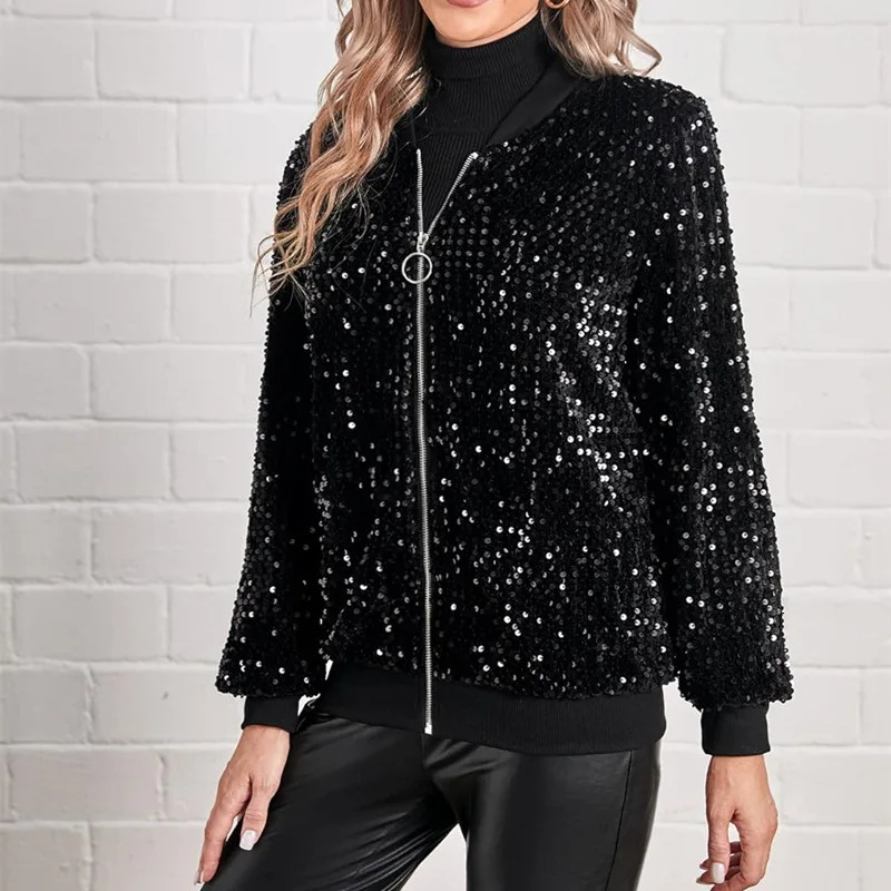 Womens fashionable Oneck long sleeved zipper cardigan top casual version solid color jacket street shiny sequin baseball 250227