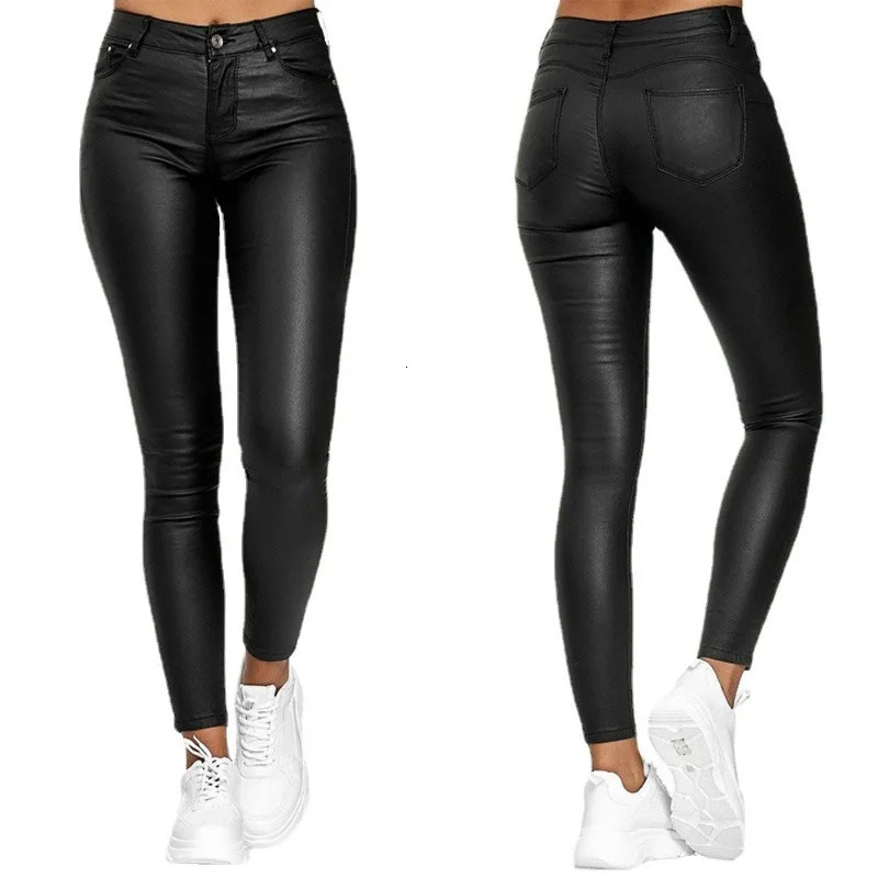 SpringSummer Womens Clothing High Waist Solid Color Leather PU Pants 250227