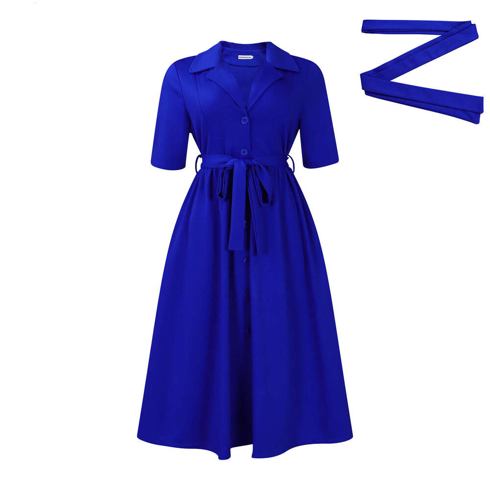 D506 Women's Summer Suit Collar Short Sleeve Solid Color Waist Large Swing Dress 2025 New Casual Fashion Trendy Clothing