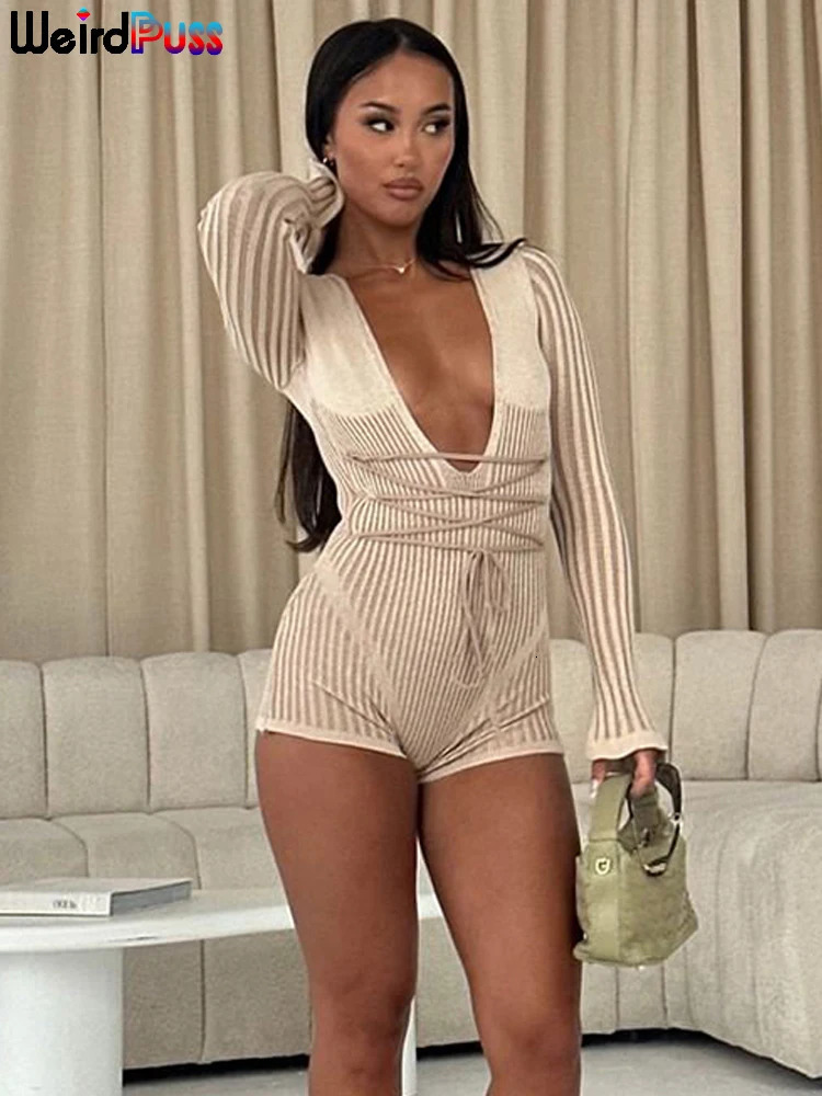 Weird Puss Crochet Bandage Playsuits Womens Low-Neck Contrast Striped Patchwork Long Sleeve Autumn Trend Vacation Skinny Romper 250222