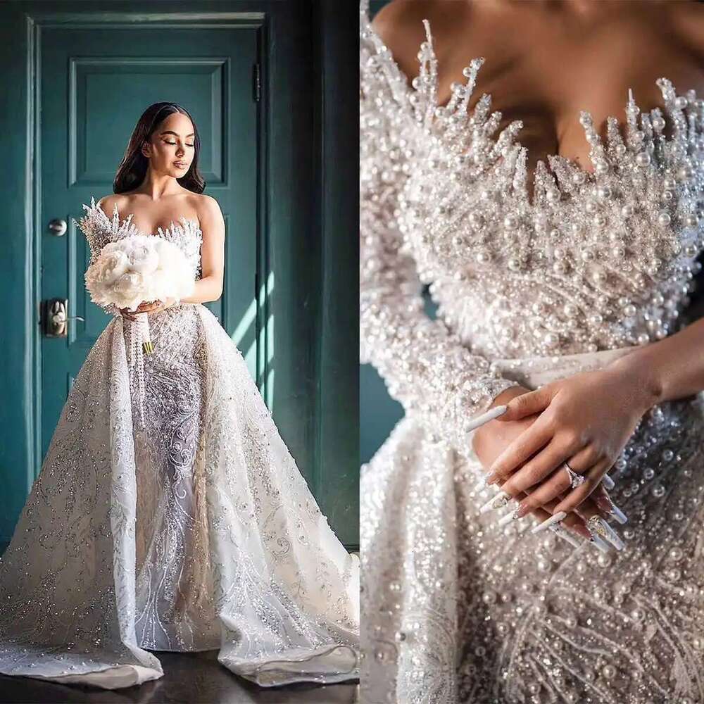 Backless Mermaid Dresses with Pearls and Beads, Appliques de o, Custom Design, Detachable Train Wedding Dress