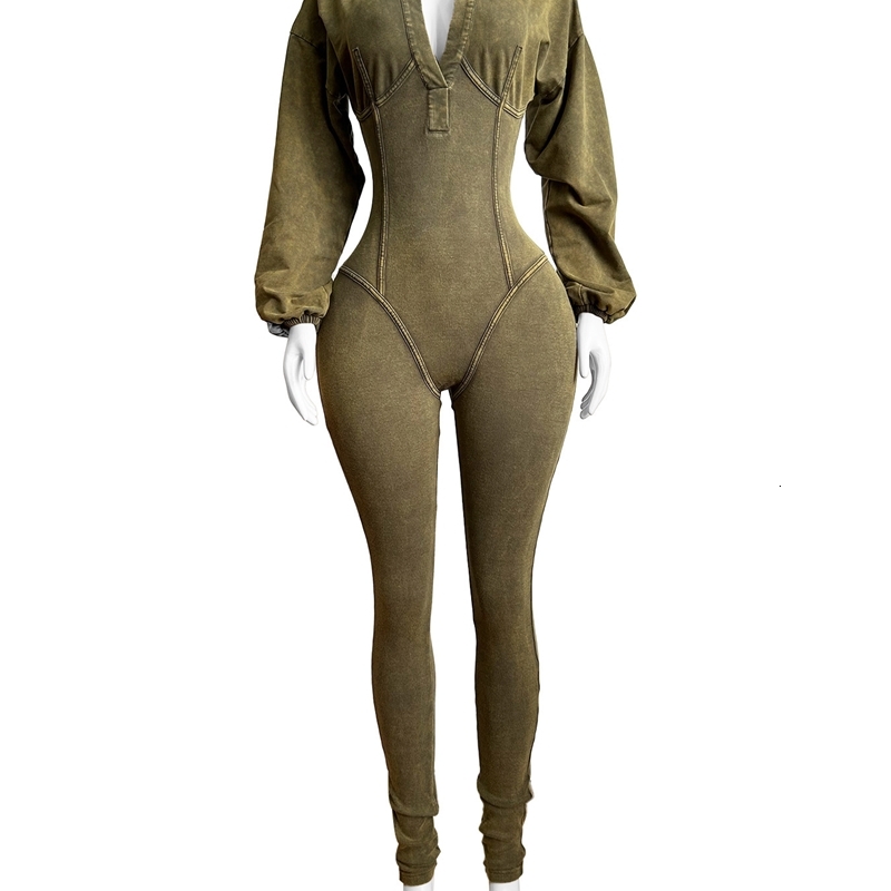 Women Jumpsuits 2026 New Fashionable Washed And Aged Sexy Deep V Tight Long Sleeved Autumn And Winter Jumpsuit