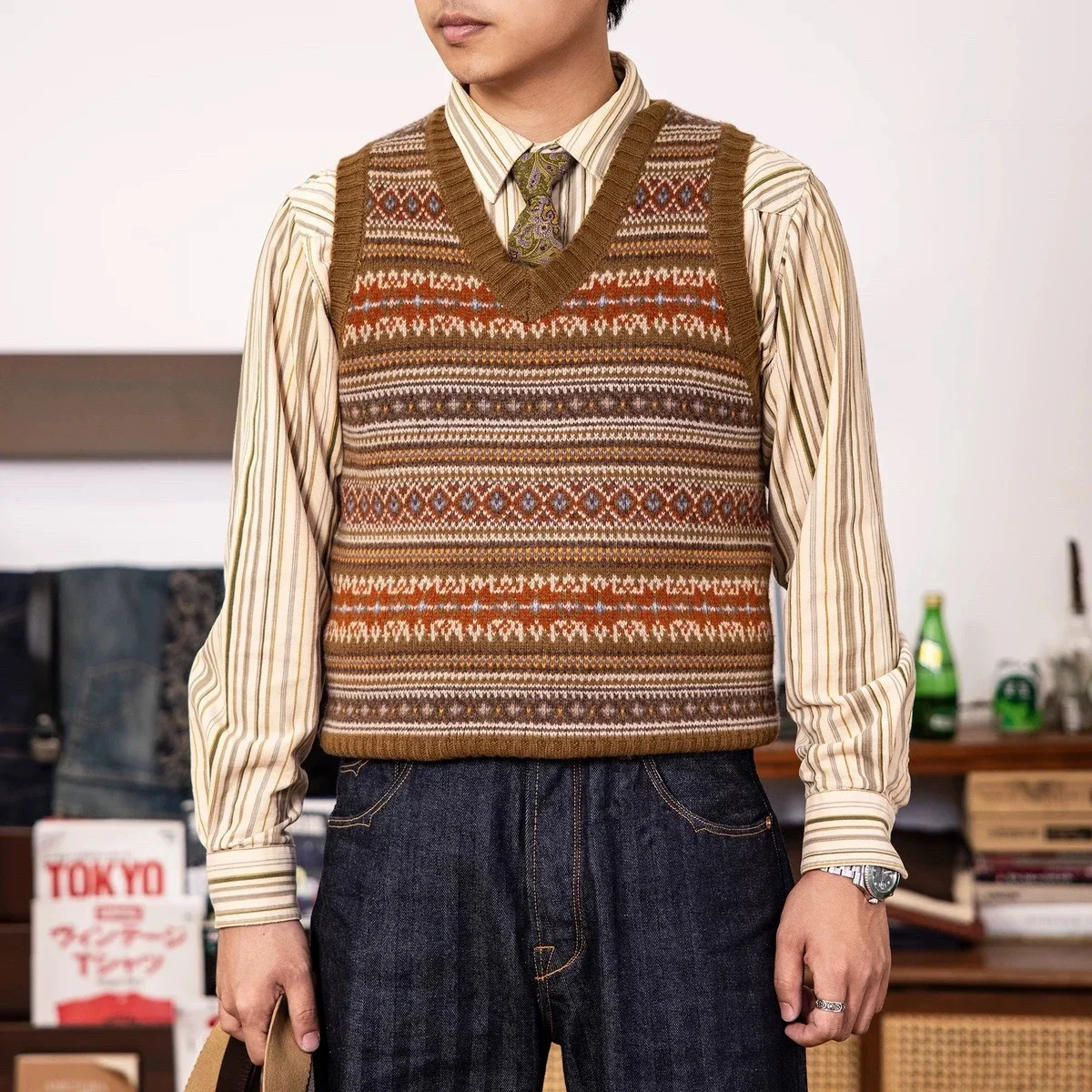 Red Tornado Fair Isle 100 Wool Knitted Vest Vintage Fashion VNeck Sweater Waistcoat For Men and Women 250225