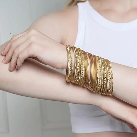 24 pcs/set Bangle Indian Bollywood Alloy Metal Textured Color Jewelry Special Large Size Bangle Bracelets Set 250227