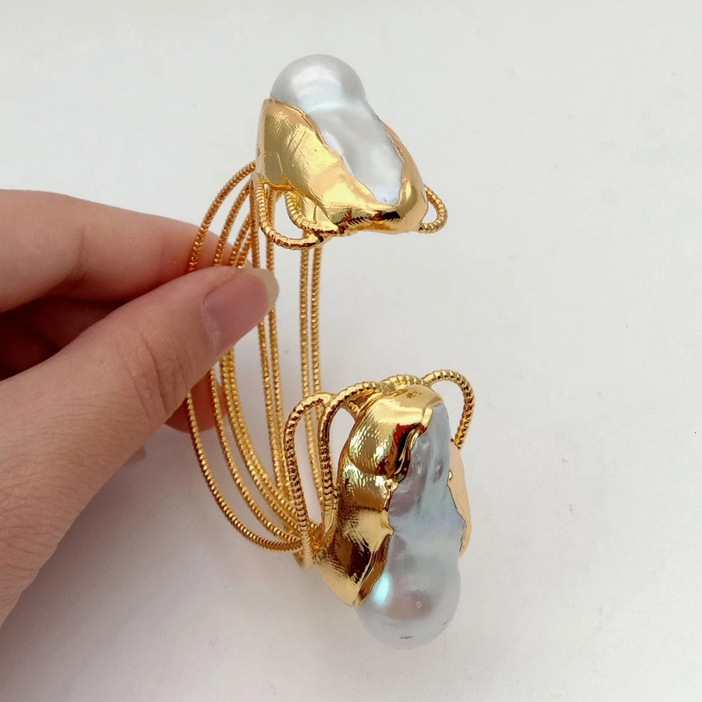 Y.YING Cultured White Keshi Pearl Bangle Gold color Plated Bracelet 250227