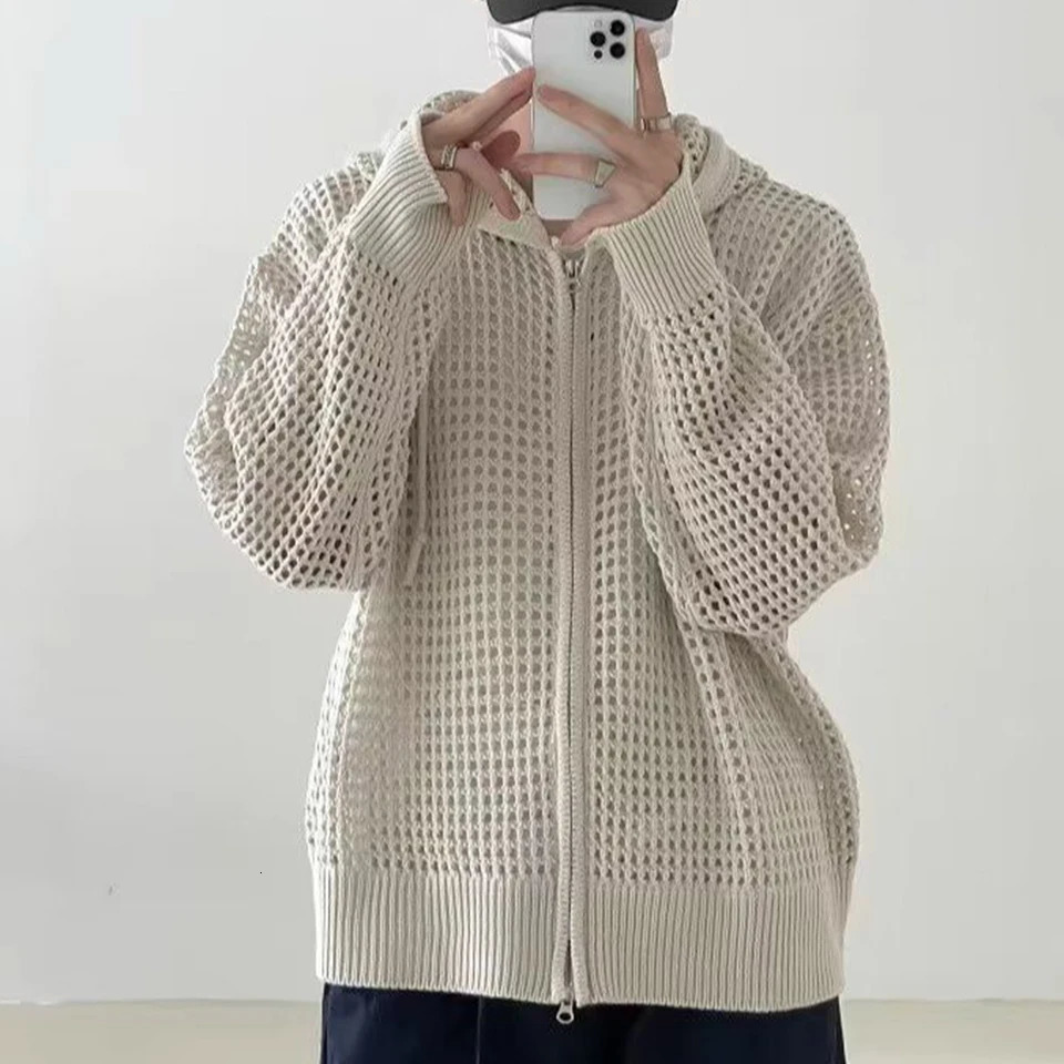 Mens Hollow Out Loose Jacket Hooded Hip Hop Cardigan Fashion Korean Streetwear Casual Zip Knitted Coat SpringSummer 250226