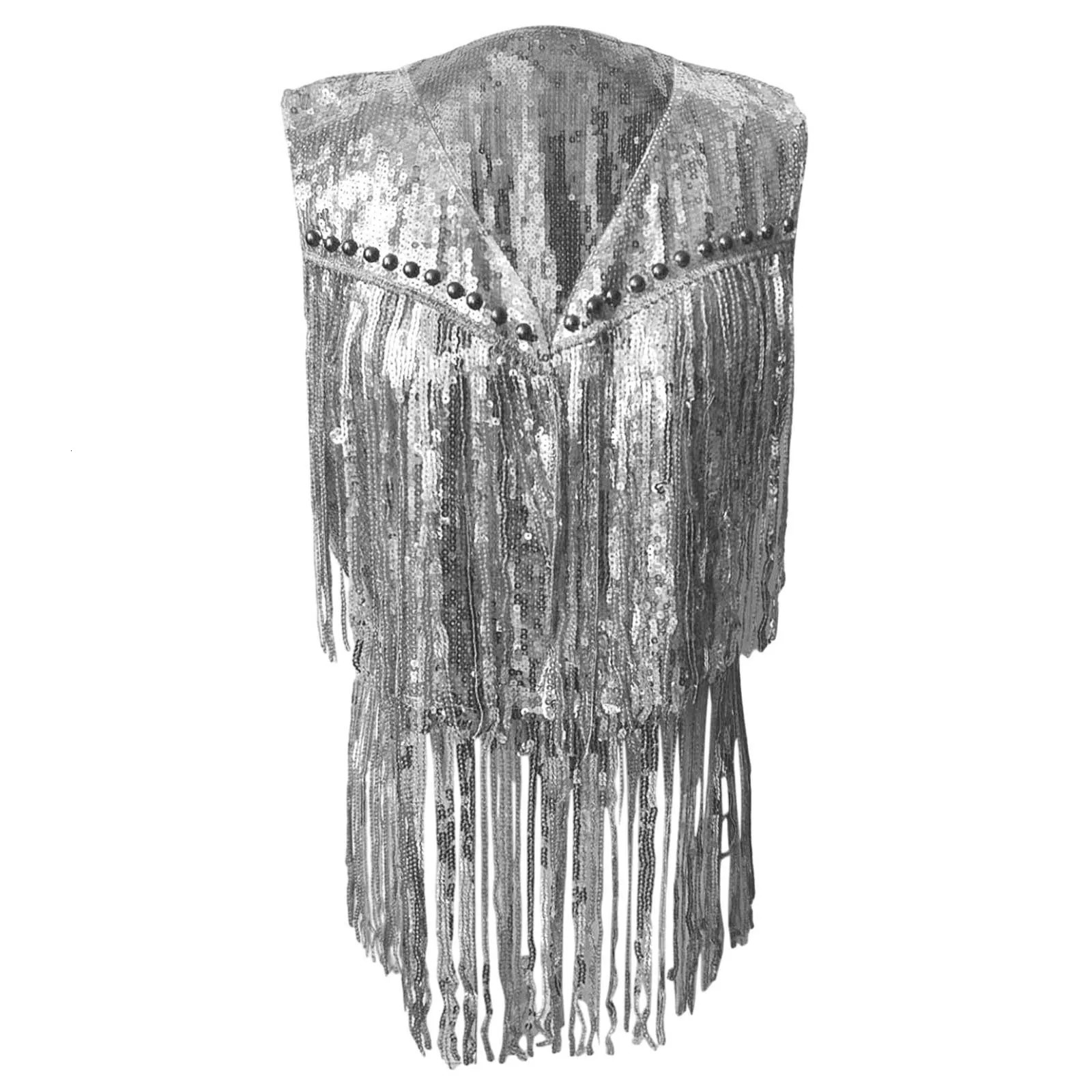 Sequin Tassel Vest Women Fashion Solid Casual Fringe Sleeveless Hip Hop Jacket Denim Style Waistcoat Dancing Outfit 250226