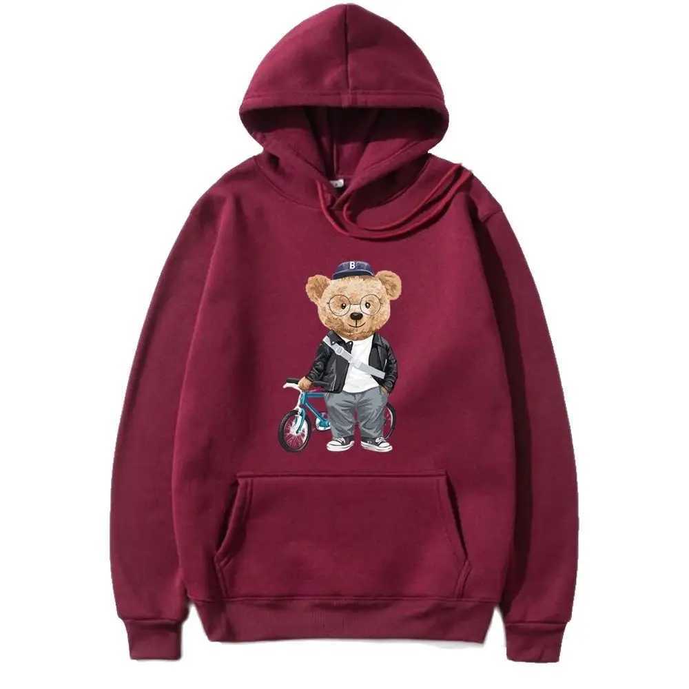 Loose version of wine red hoodie Bear print sweatshirt top Fashion casual long-slved hoodie mens outdoor sportswear brand new X250227