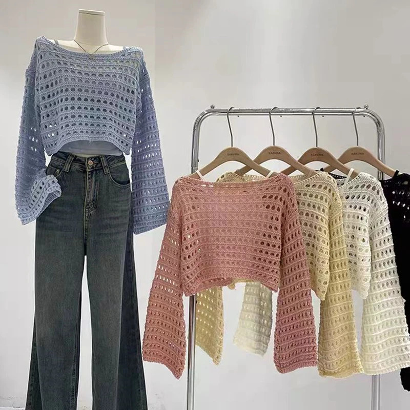 Fishnet Crochet Top Long Sleeve Crop Pullover Women Summer Cover Up Openknit Blouse Y2K Grunge Outfit 250225