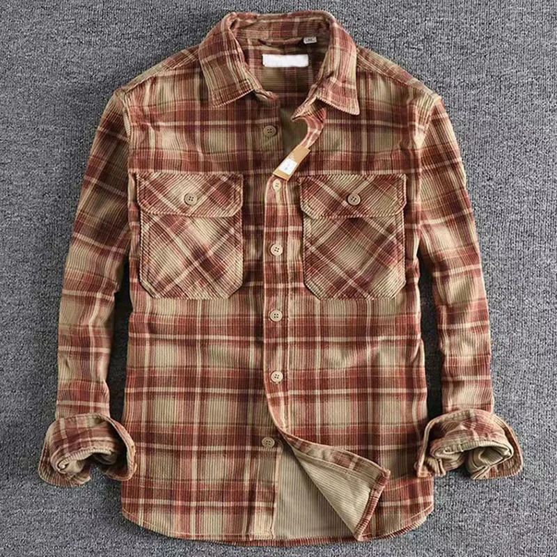 Vintage Japanese Mens Plaid Long Sleeve Shirt Spring Autumn Fashion Comfortable Corduroy Artistic Trendy Classic Shirts Tops 250226
