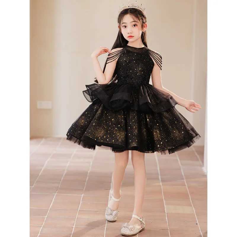 Girl's Dresses 3 Styles Girls Princess Dress 3-8T Light Luxury Halter Beading Off Shoulder Tassels Prom Gown Golden Sequins Flower Girl Dress Y25
