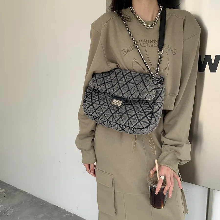 Ship from US Womens Grey Casual Diamond Checker Denim Retro Fashion One Shoulder Handbag 250227FBB
