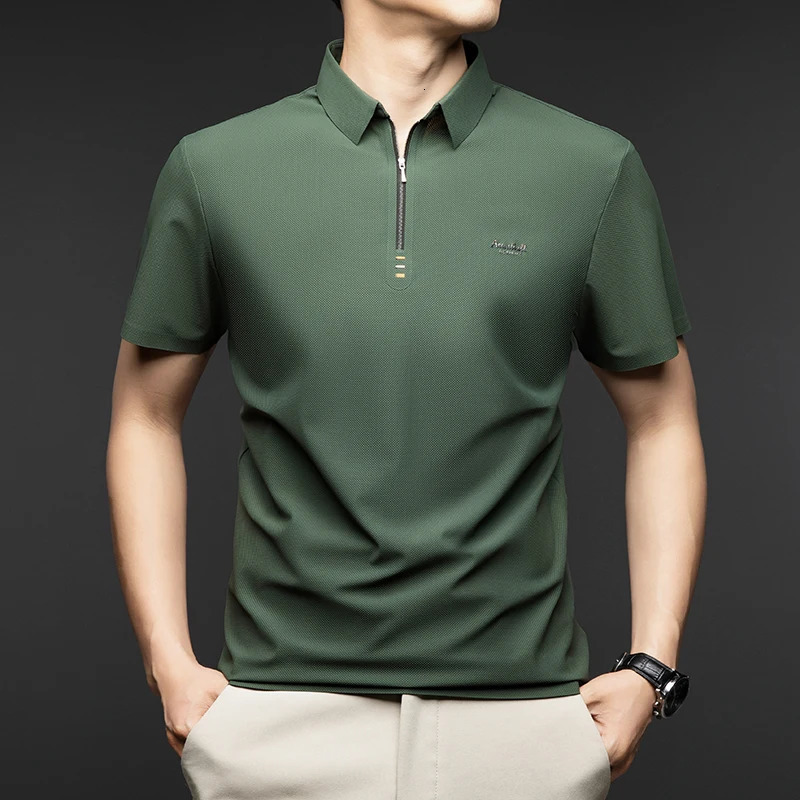 High End Summer Embroidered Ice Silk Zippered polo shirt Trend Casual Seamless Breathable Lapel Mens Clothing 250225