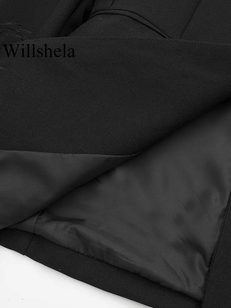 Willshela Women Fashion Satin Black With Feather Blazer Jacket Vintage Notched Neck Single Button Long Sleeves Female Outfits 250226