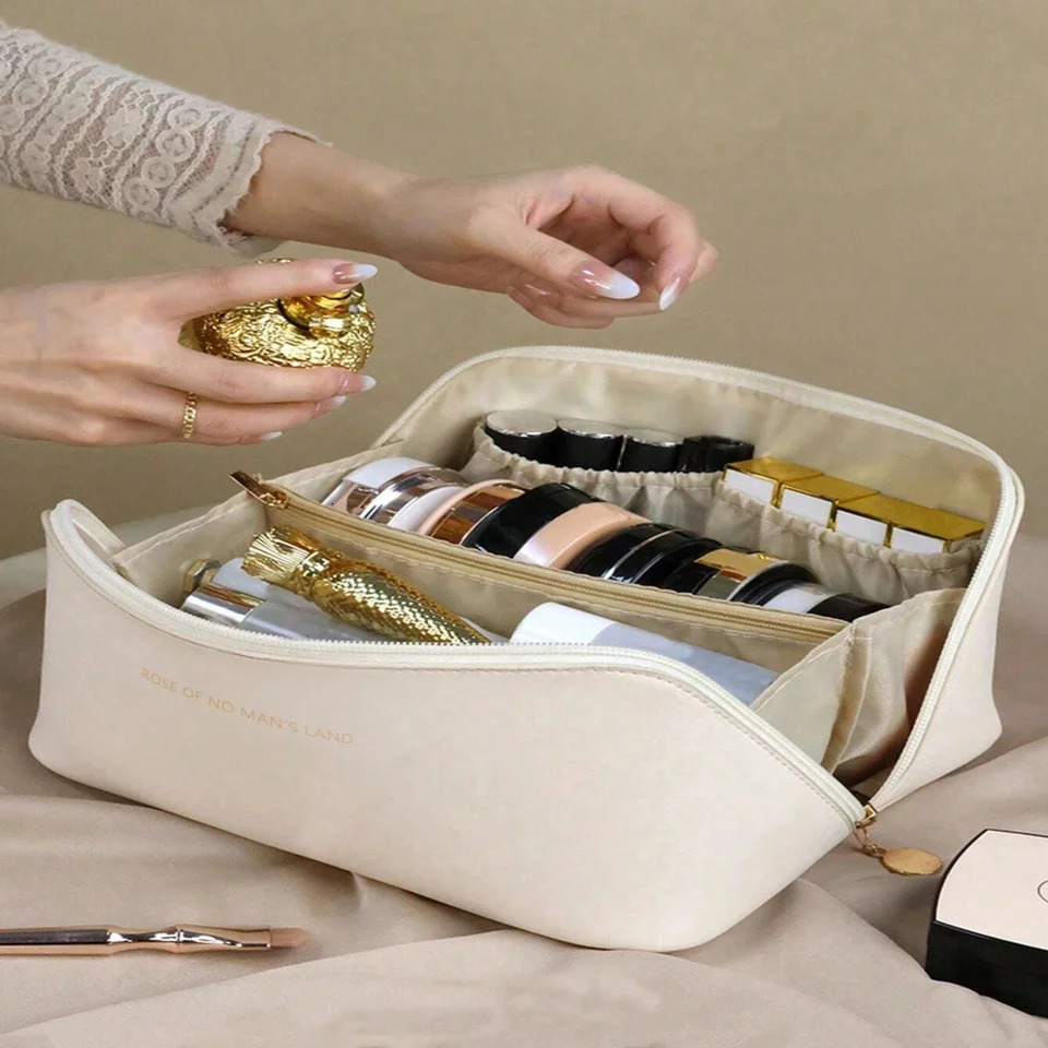 Ship from US Makeup Bag Large Capacity Travel Cosmetic Portable PU Leather Waterproof Women Organizer With Handle And D 250227FBB