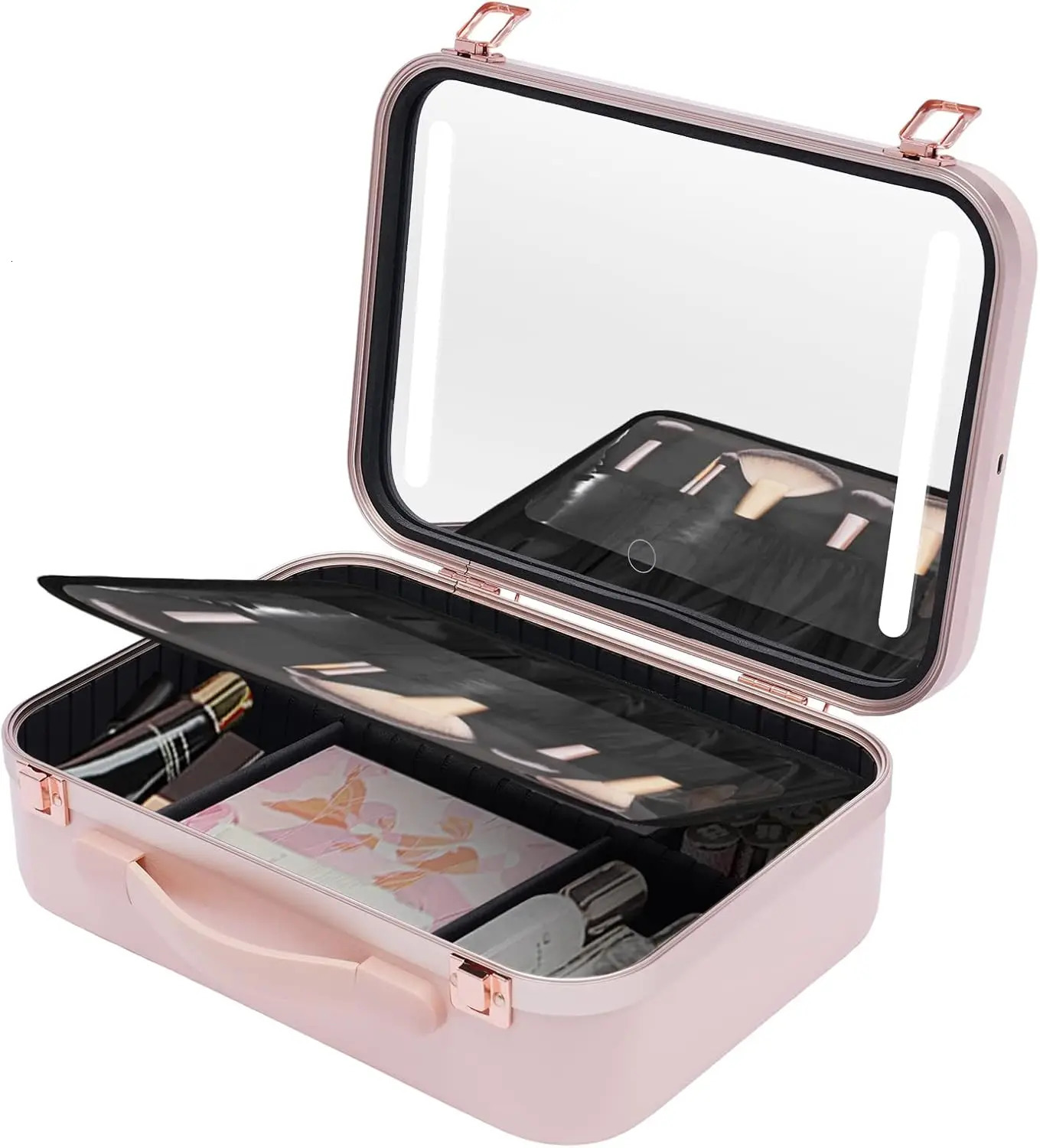 Ship from US 134 Inch Travel Makeup Case with Large Lighted Mirror Partitionable Cosmetic Bag Waterproof Portable Organizer Pink 250227FBB