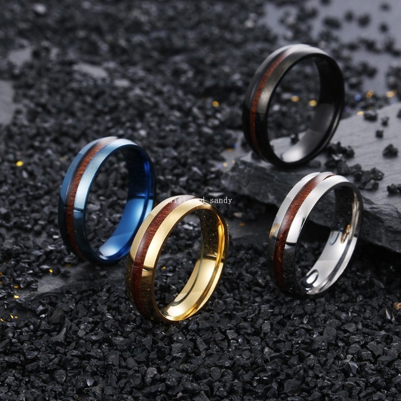 6MM Inlay Stainless Steel Wood Rings Band Tail Mens Engagement Wedding Ring for Men Gold Silver Black Hip Hop Jewelry