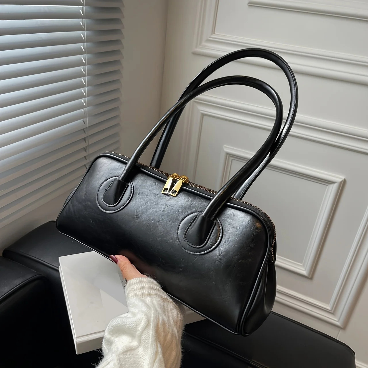 Ship from US Zipper Bag Elegant Solid Color Shoulder Womens Retro Style Handbag 250227FBB