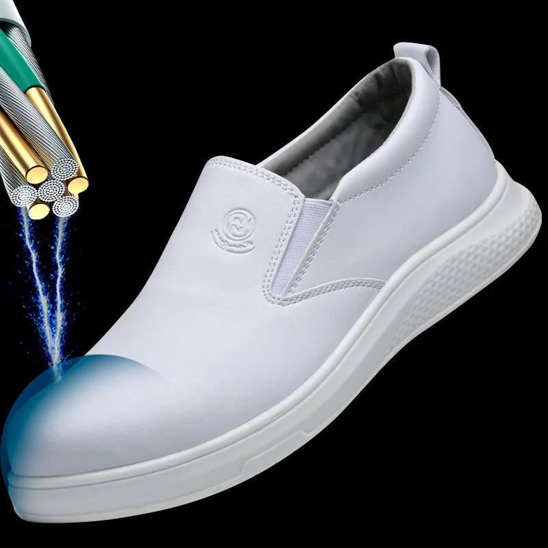 mens casual steel toe caps work shoes slip-on genuine leather anti-static safety shoe white security boots safe loafers protect 250226