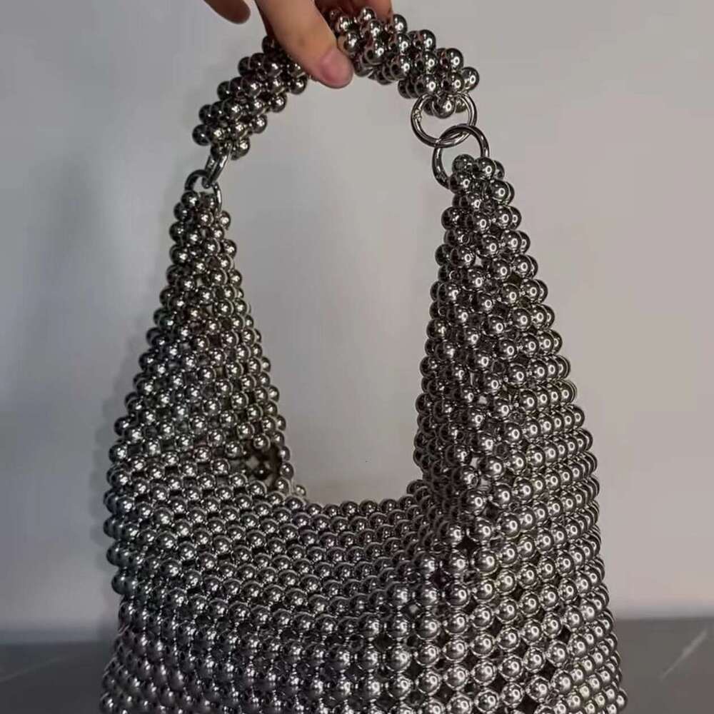 Women's Bags A niche design French heavy industry silver minimalist high-end handbag with beaded woven dinner bag