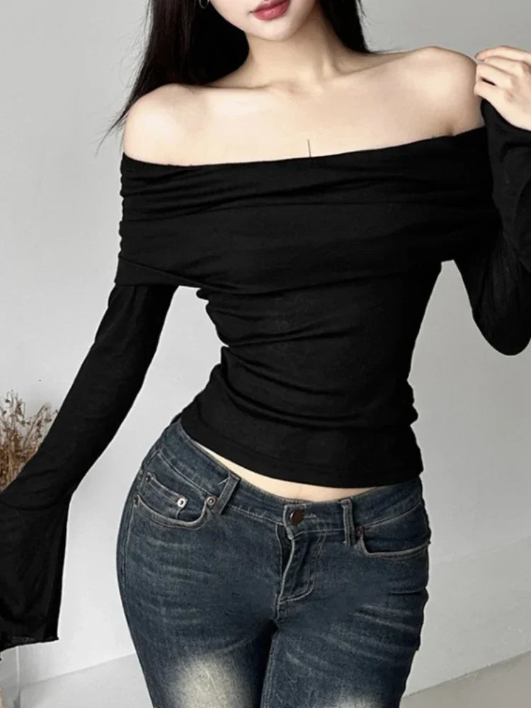 Y2k Aesthetic Women Translucence Tee Shirts Slash Neck Long Sleeve Solid Casual TShirts Vintage Off Shoulder Sexy Cute Tshirts 250226