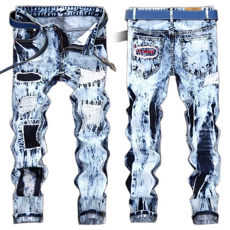 Patchwork Jeans Denim Straight Large Size Mens European and Tide Pants Light Color American Embroidery Hole Stitching X250227
