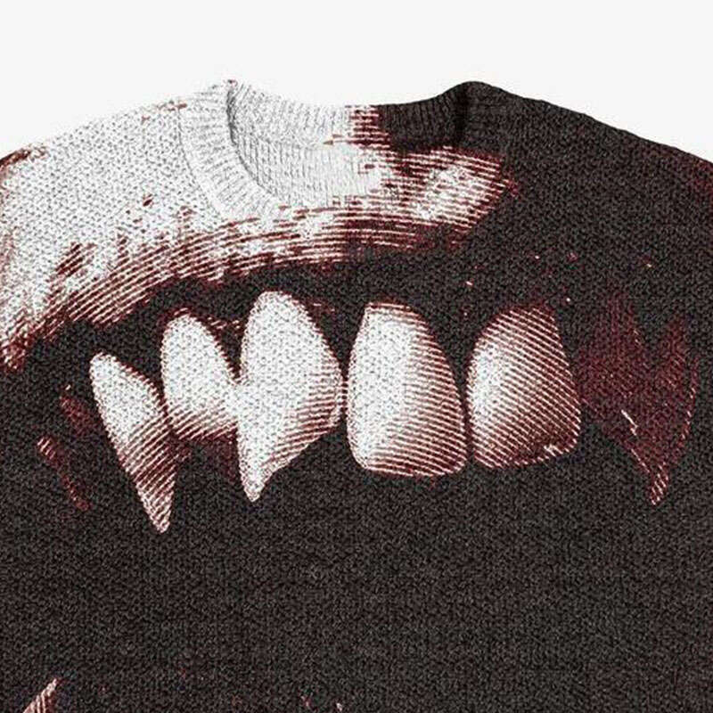 Gothic hip-hop punk Halloween dark big mouth fangs jacquard round neck knitted long sleeved sweater winter