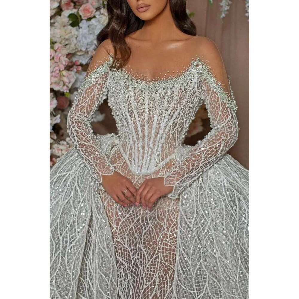 Glamorous Mermaid Wedding Dresses, Shiny Lace, Pearl Sequins, Backless, Long Sleeves, Sweep Train, Bridal Custom Made